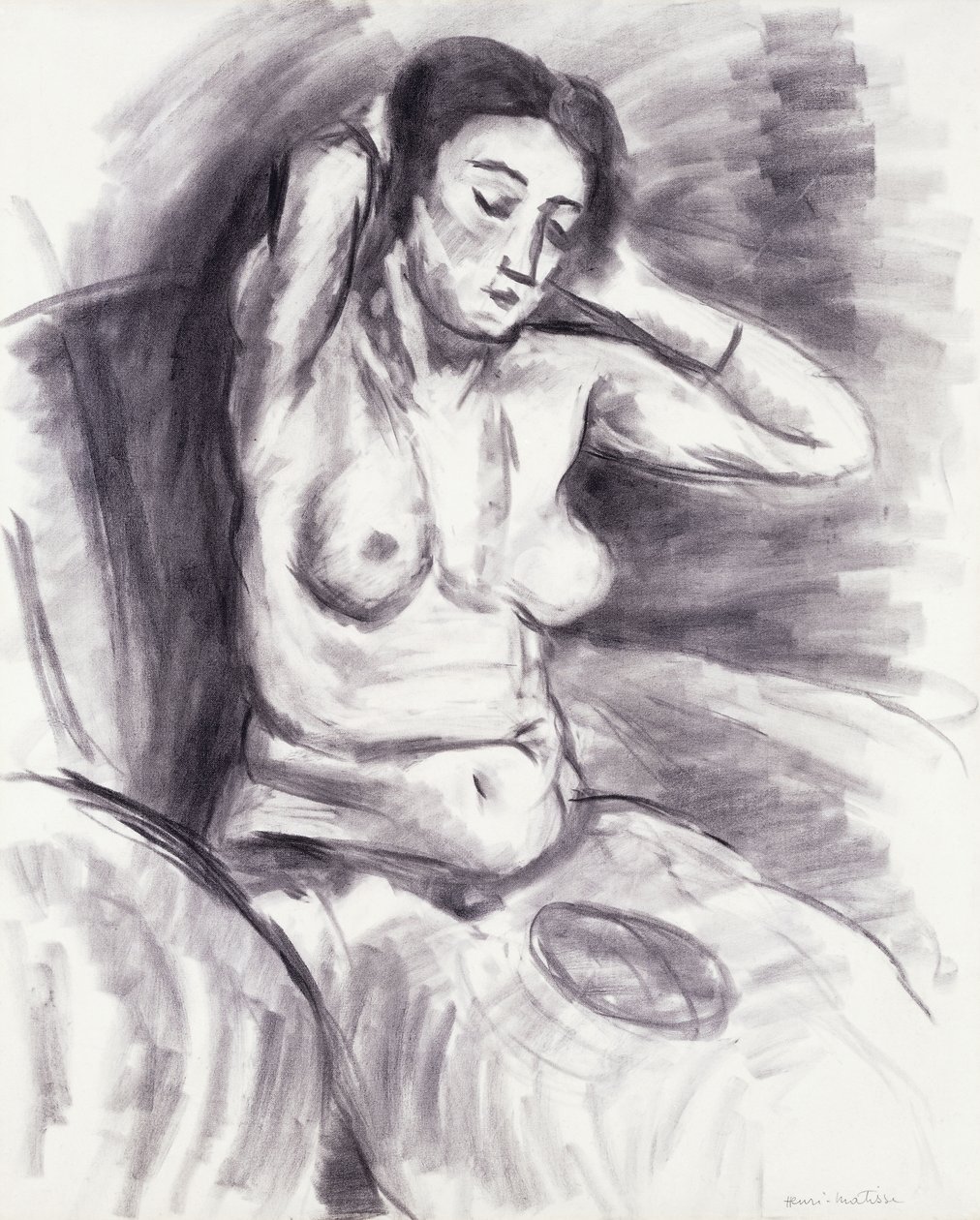 Kvinde, der ordner sit hår; Femme se Recoiffant, ca. 1925 (kul på papir) af Henri Matisse