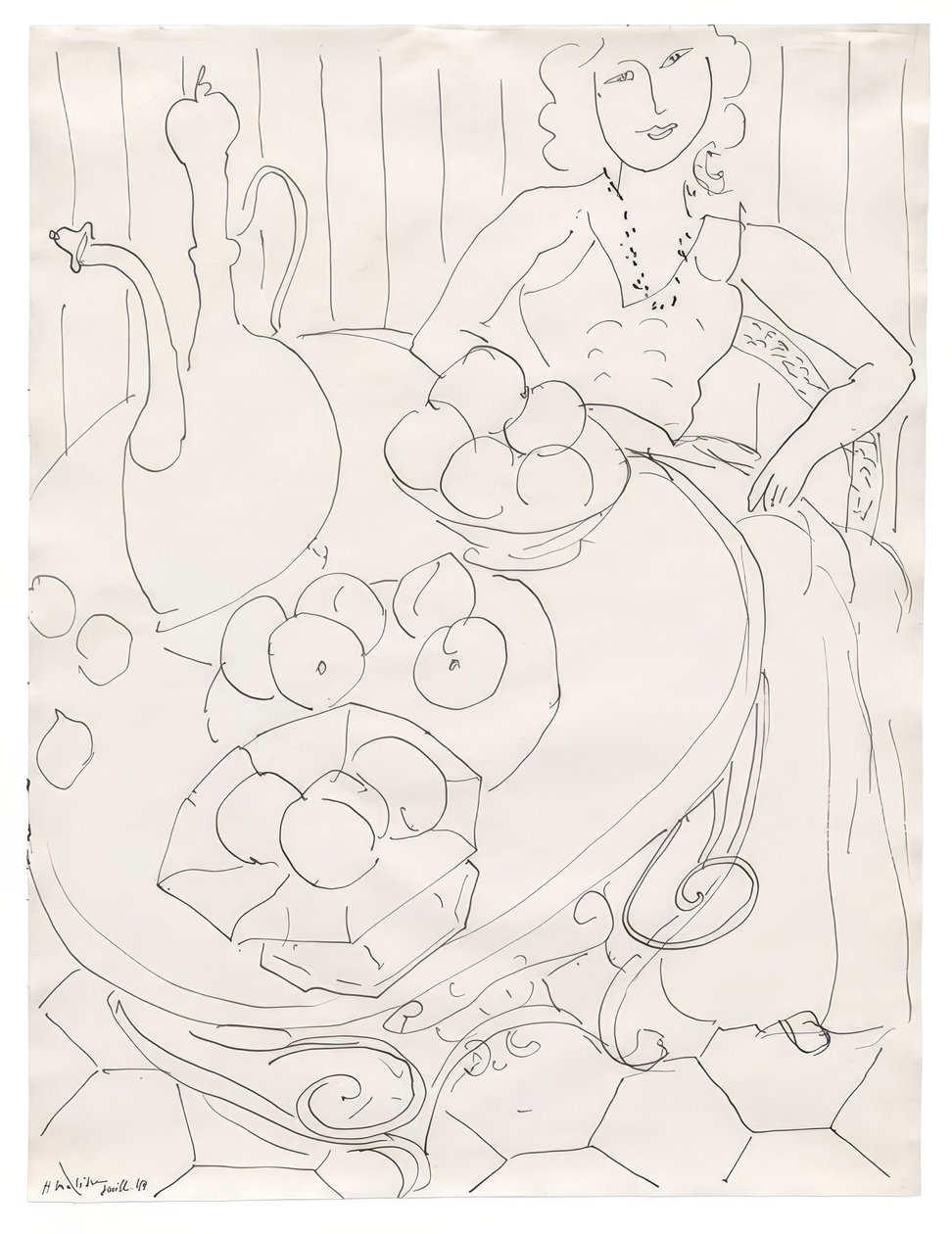 Kvinde sidder ved et bord med frugt og kande af Henri Matisse