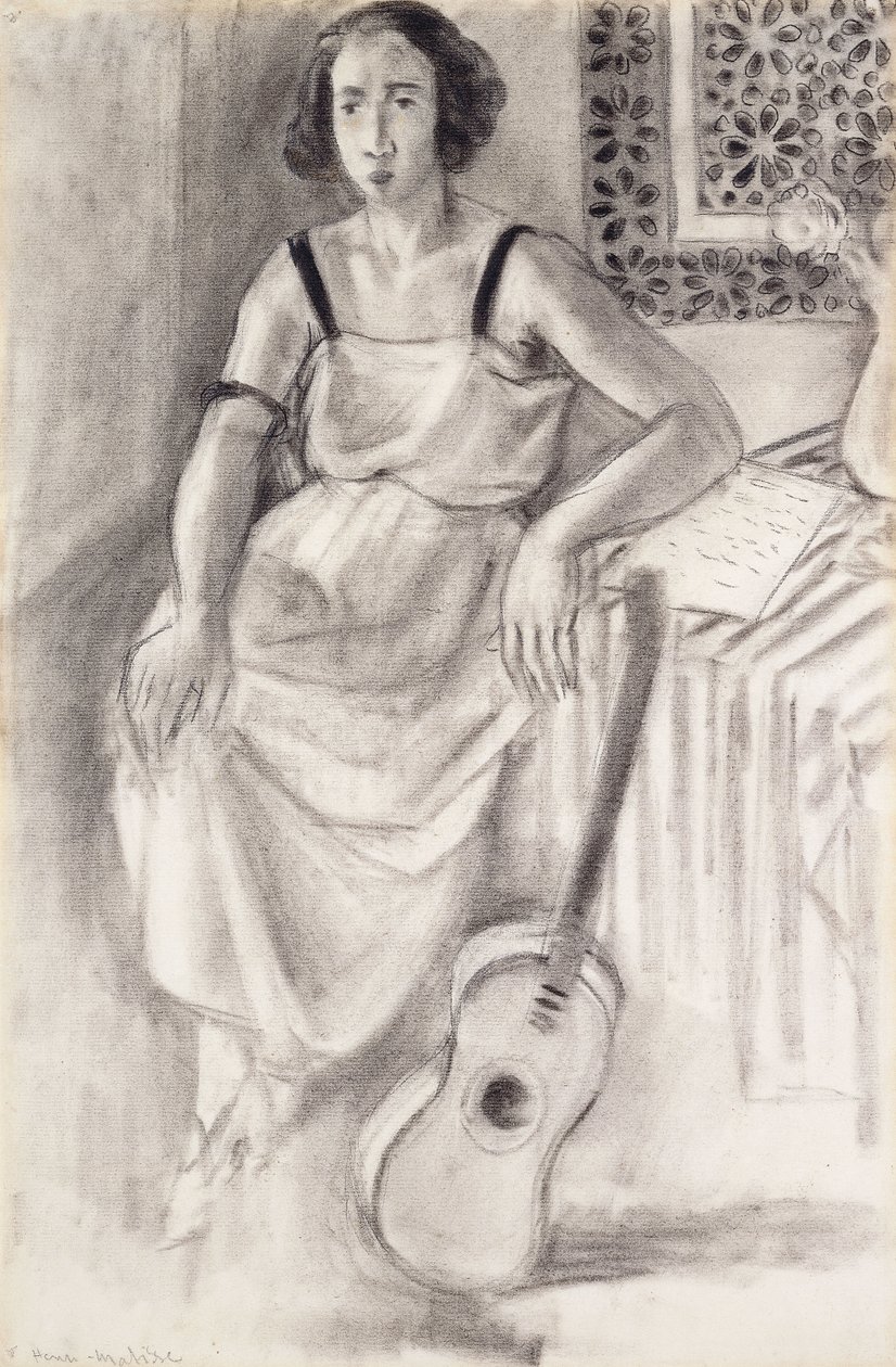 Kvinde sidder med en guitar, ca. 1921-23 (kul på papir) af Henri Matisse
