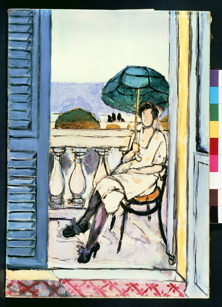 Kvinde med grøn parasol på en balkon af Henri Matisse