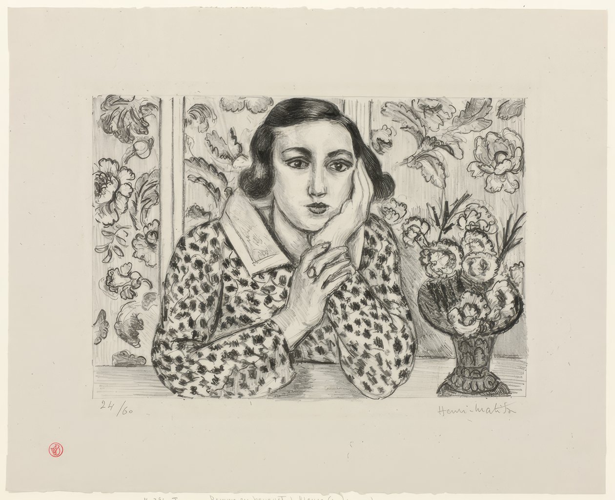 Ung pige læner sig op ad blomstret skærm af Henri Matisse