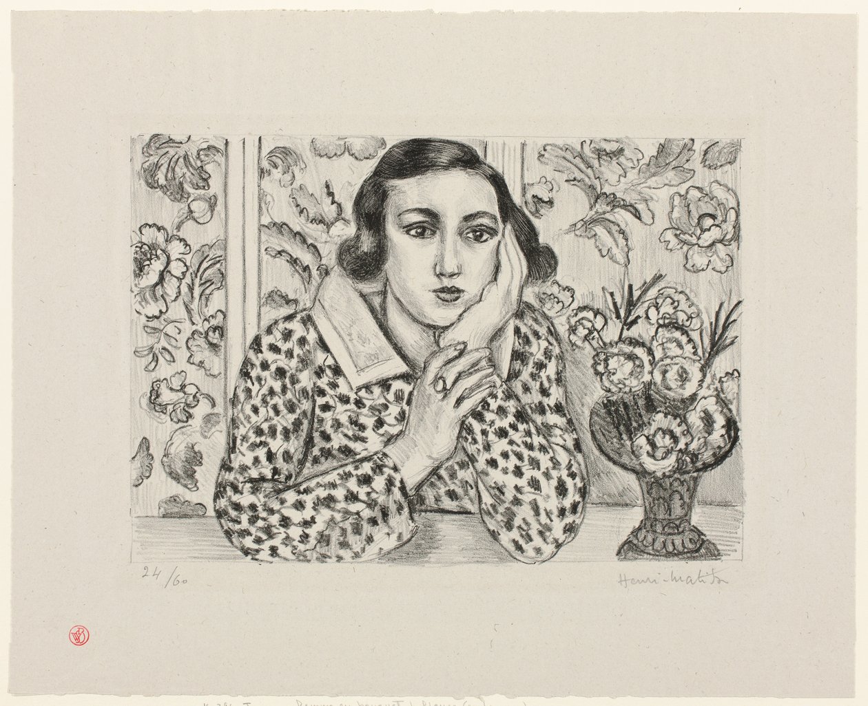 Ung pige, der læner sig op ad et blomstret skærmvæg af Henri Matisse