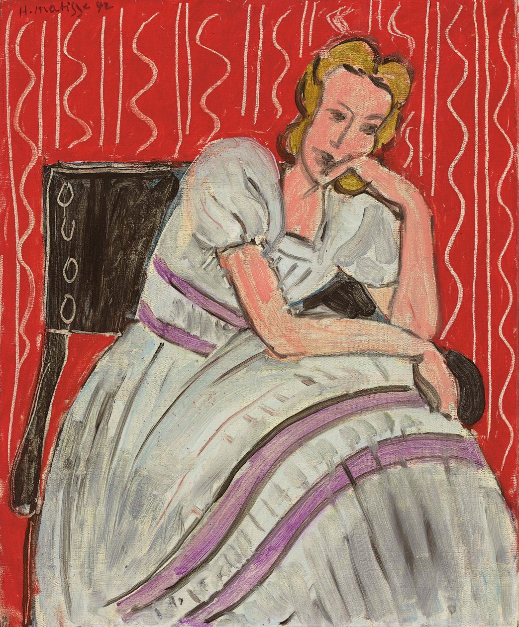 Ung kvinde sidder i en grå kjole af Henri Matisse