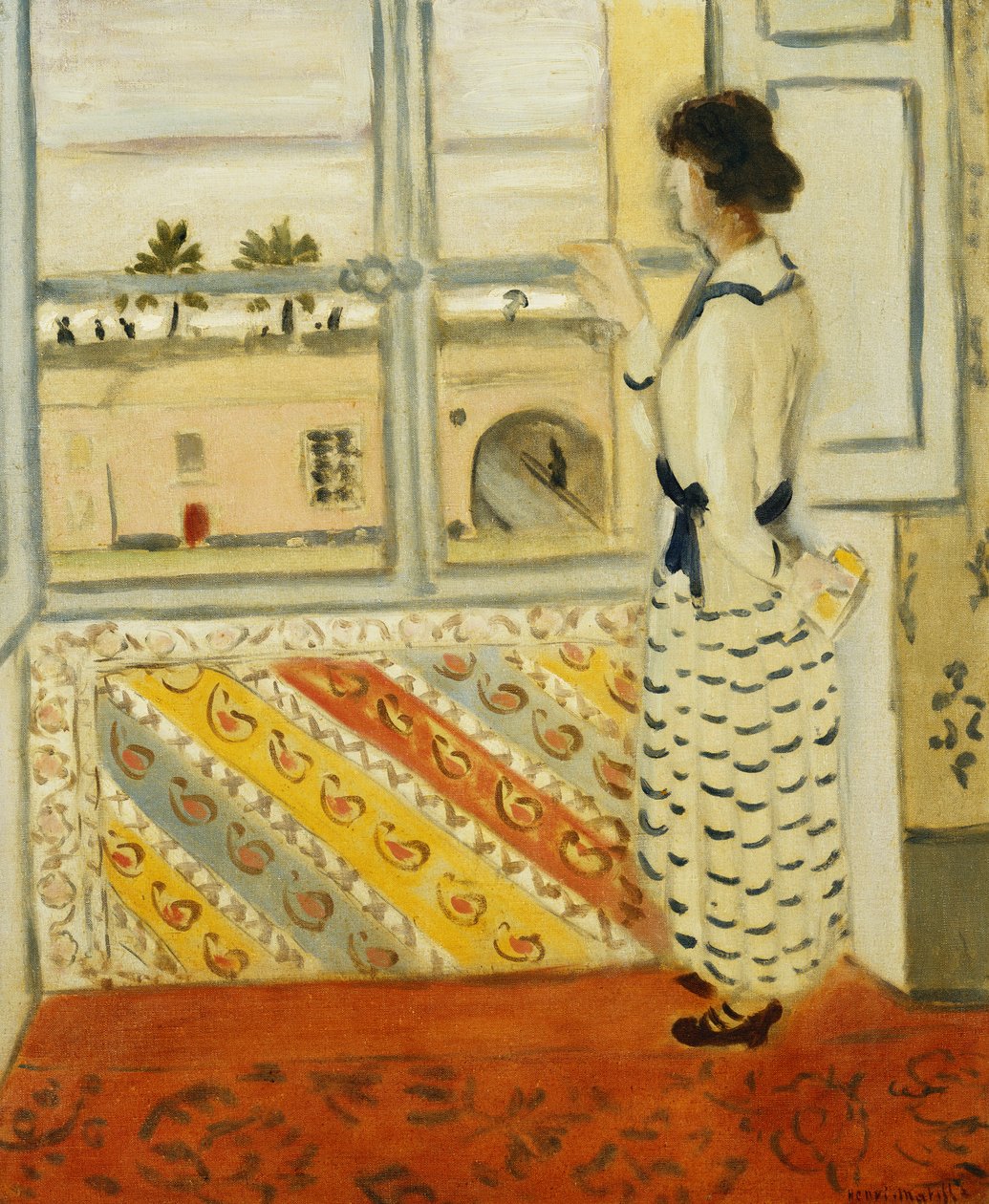 Ung kvinde ved et vindue, blåstribet kjole af Henri Matisse