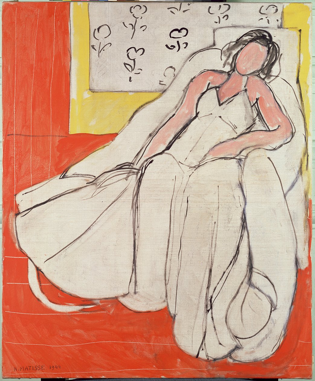 Ung kvinde i hvidt med rød baggrund af Henri Matisse