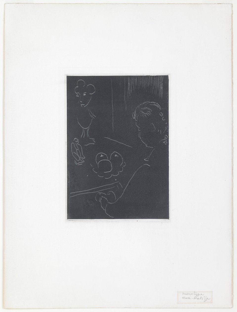 Ung kvinde i et interiør med frugt og skulpturer af Henri Matisse