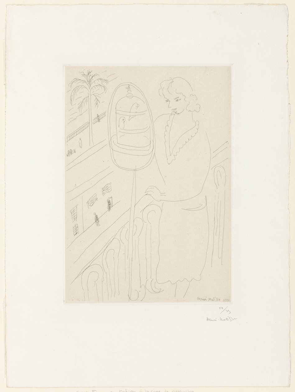 Ung kvinde på en balkon, der ser på parakitter af Henri Matisse