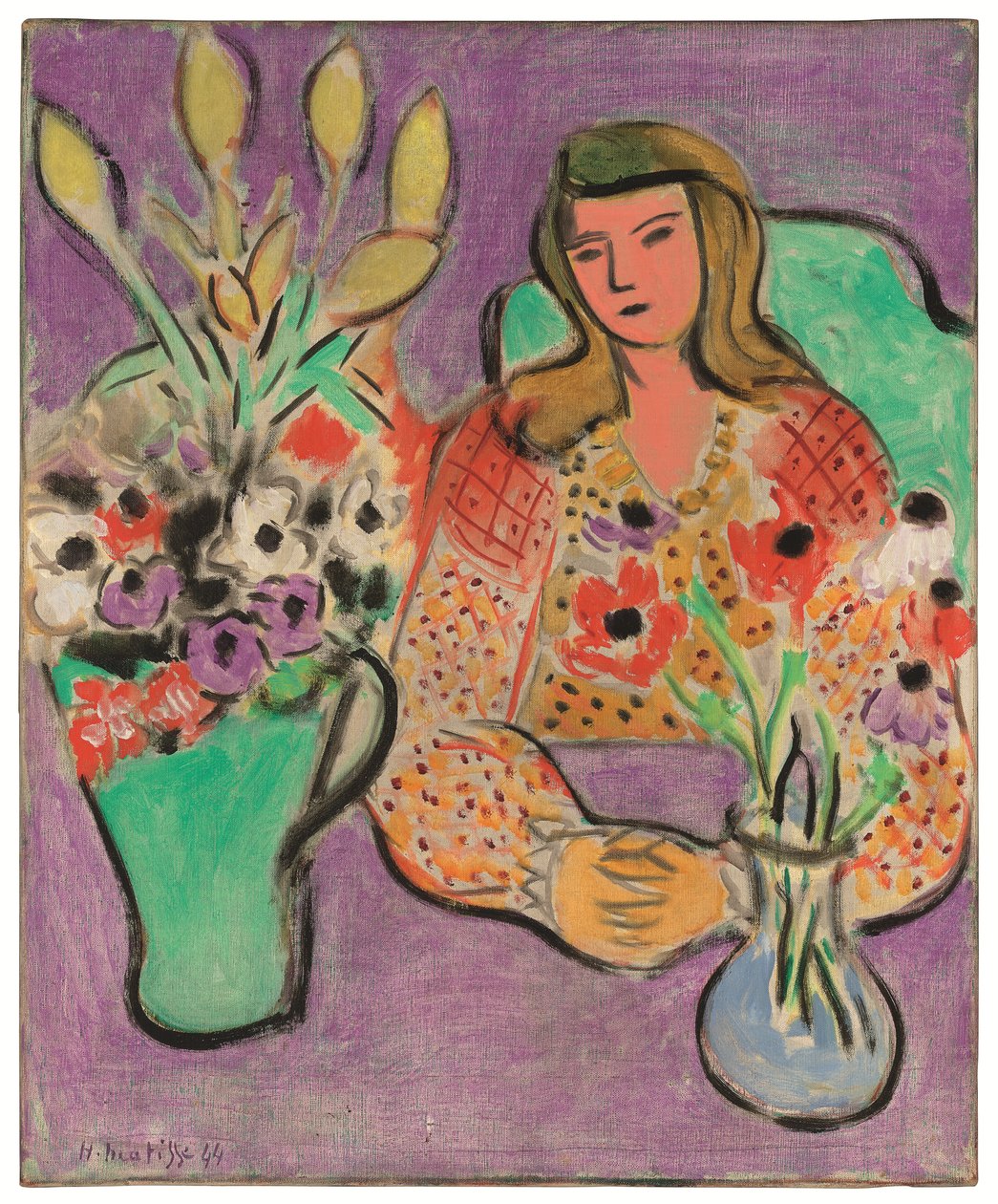 Ung kvinde med anemoner på lilla baggrund af Henri Matisse