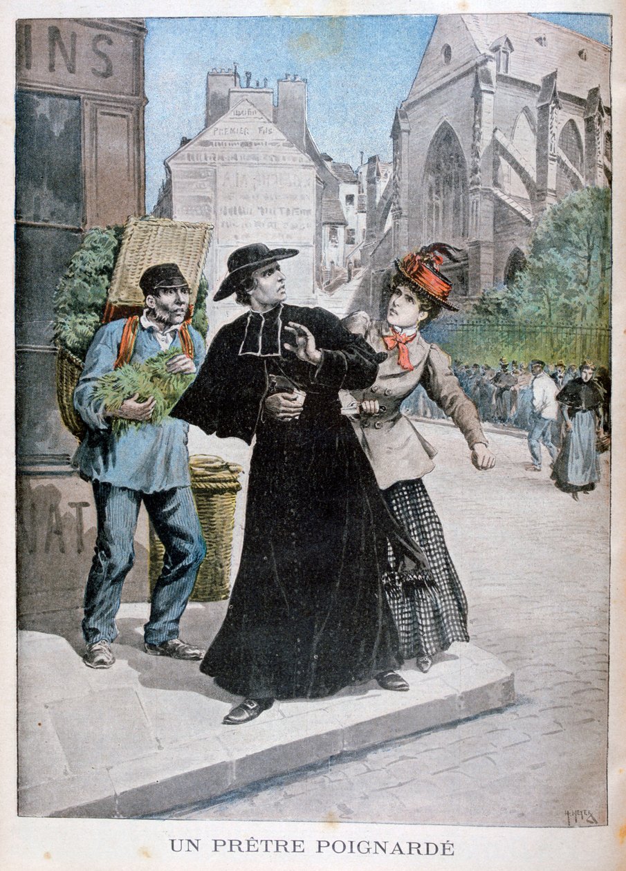 En katolsk præst bliver stukket af en kvinde på gaden, Frankrig, 1897 af Henri Meyer