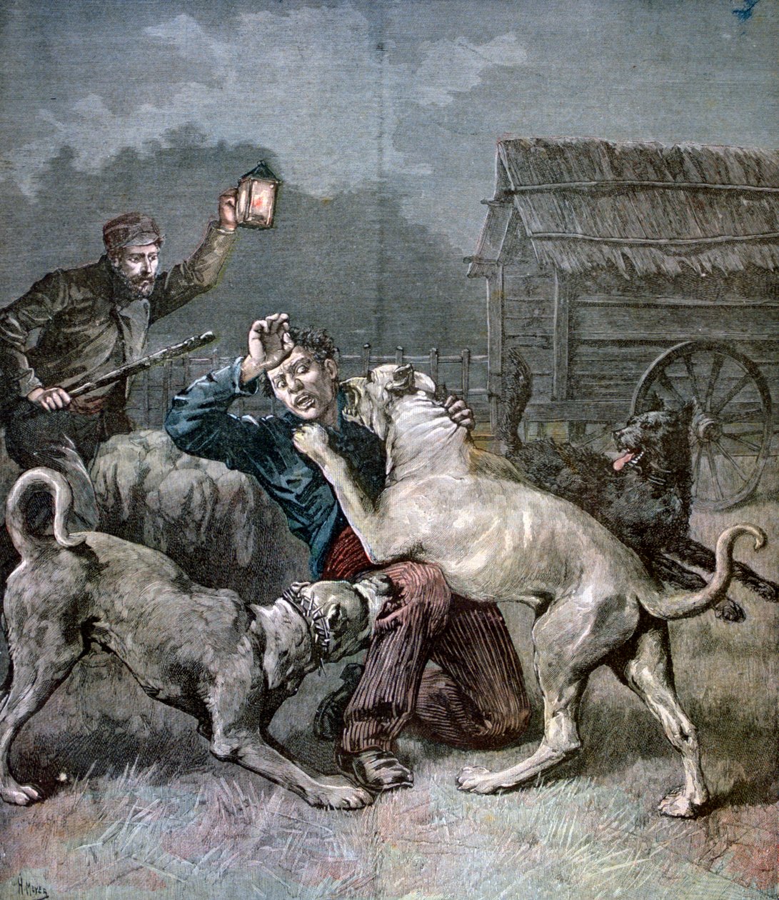 En kriminel angrebet af tre store hunde, 1891 af Henri Meyer