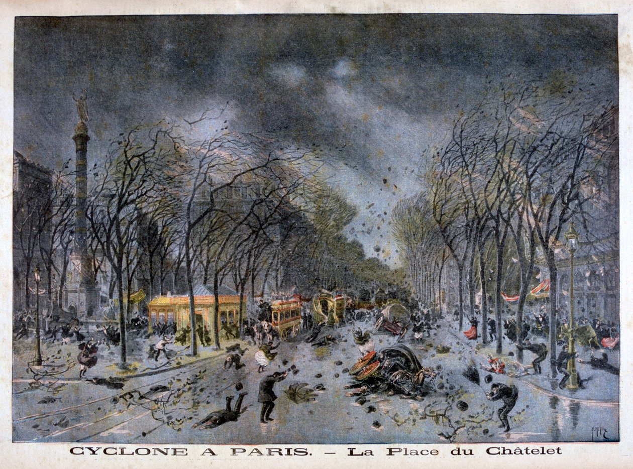 En cyklon i Paris, Place du Châtelet, 1896 af Henri Meyer