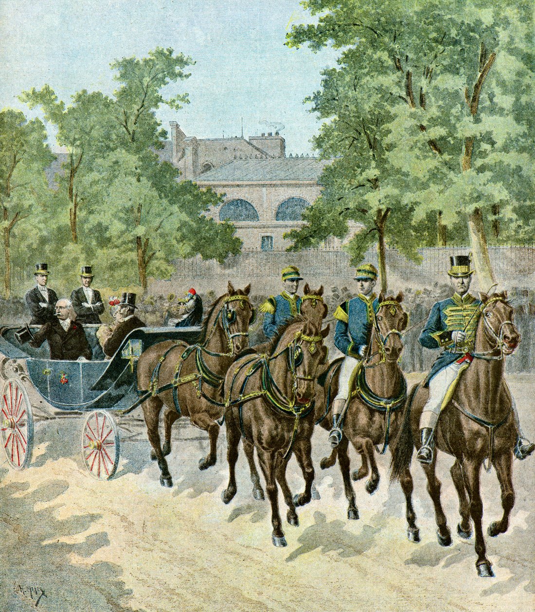 Ankomst af Felix Faure til hippodromen,1895 (Illustration) af Henri Meyer