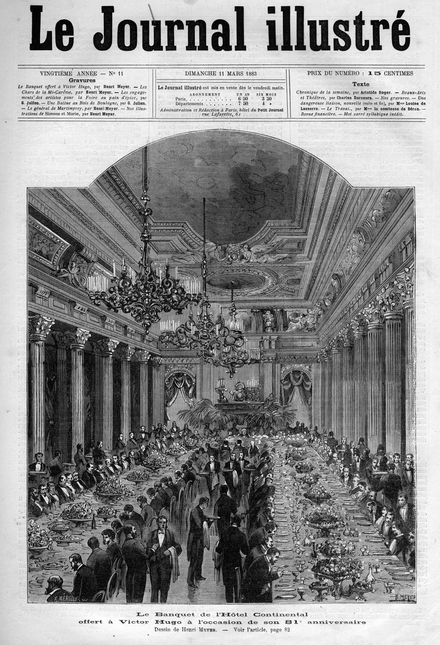 Banket tilbudt Victor Hugo på Hotel Continental til hans 81-års fødselsdag i 1883 - Forside til "" The Illustrous Journal"" fra 1883 - Tegning af Henri Meyer (1844-1899) af Henri Meyer