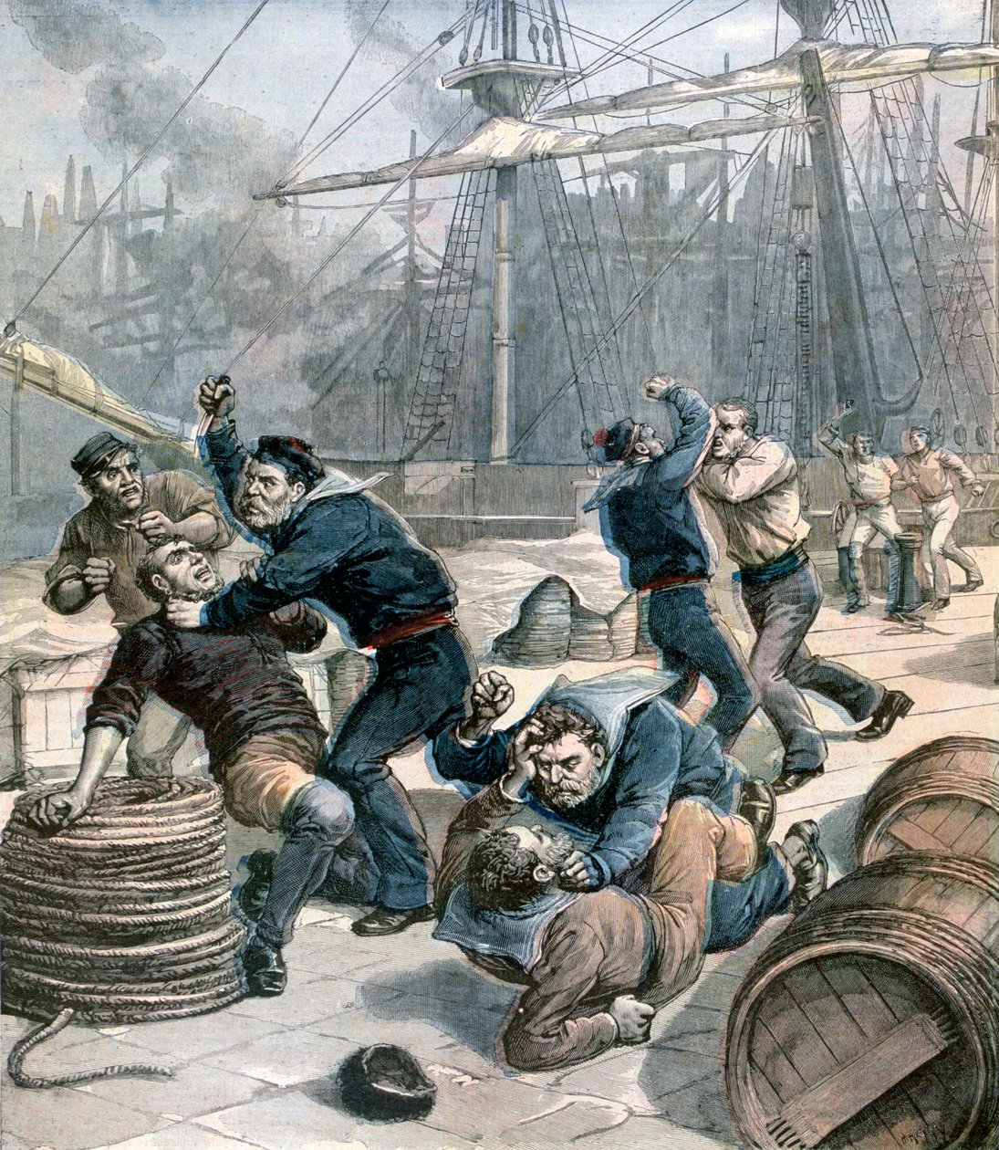 Slagsmål mellem engelske og tyske søfolk ved Millwall Docks, London, 1892 af Henri Meyer