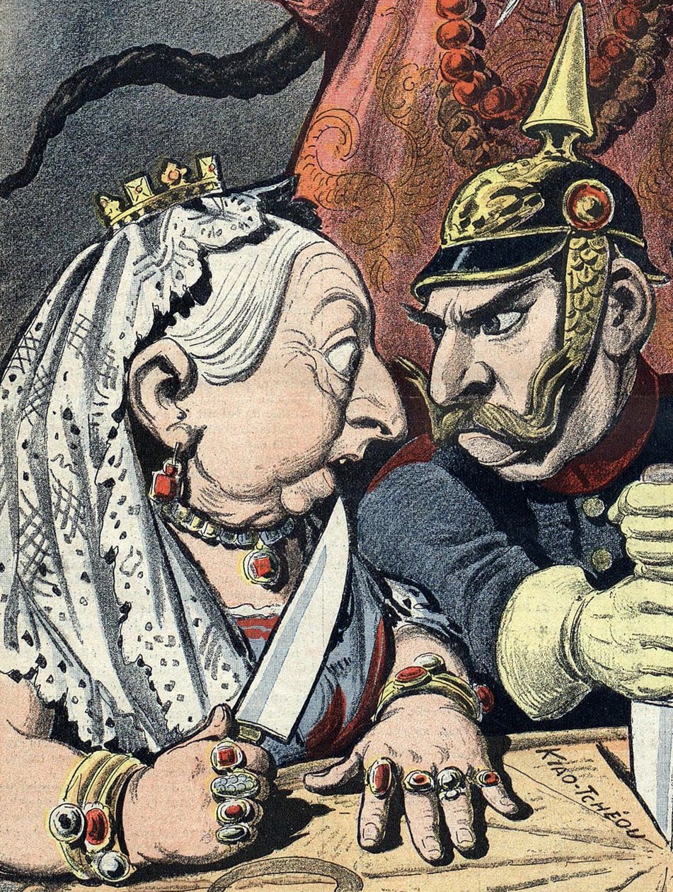 Karikatur af dronning Victoria og karikatur af Wilhelm II af Tyskland den 16. januar 1898, detalje fra Kina-imperialisme-tegneserie (beskåret) af Henri Meyer