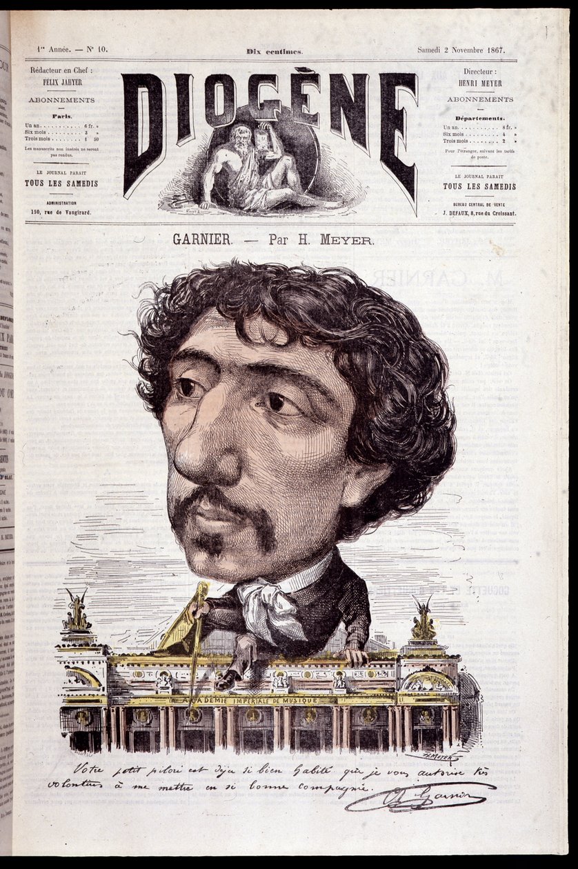 Tegneserie af Charles Garnier, siddende på sit værk, Opera Garnier - i "" Diogenes"" fra 02/11/1867 af Henri Meyer