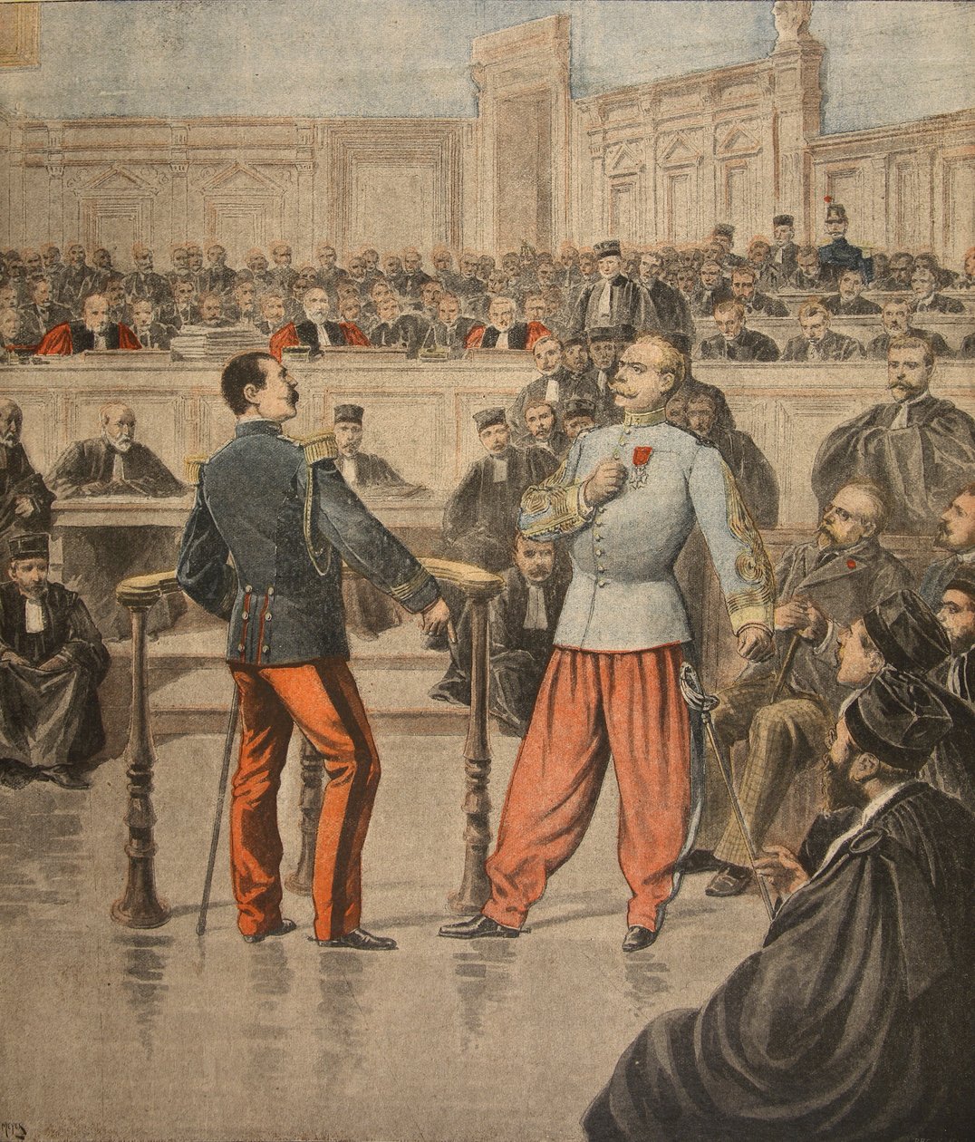 Oberst Henry og oberstløjtnant Picquart taler for Court of Assisses, illustration fra 