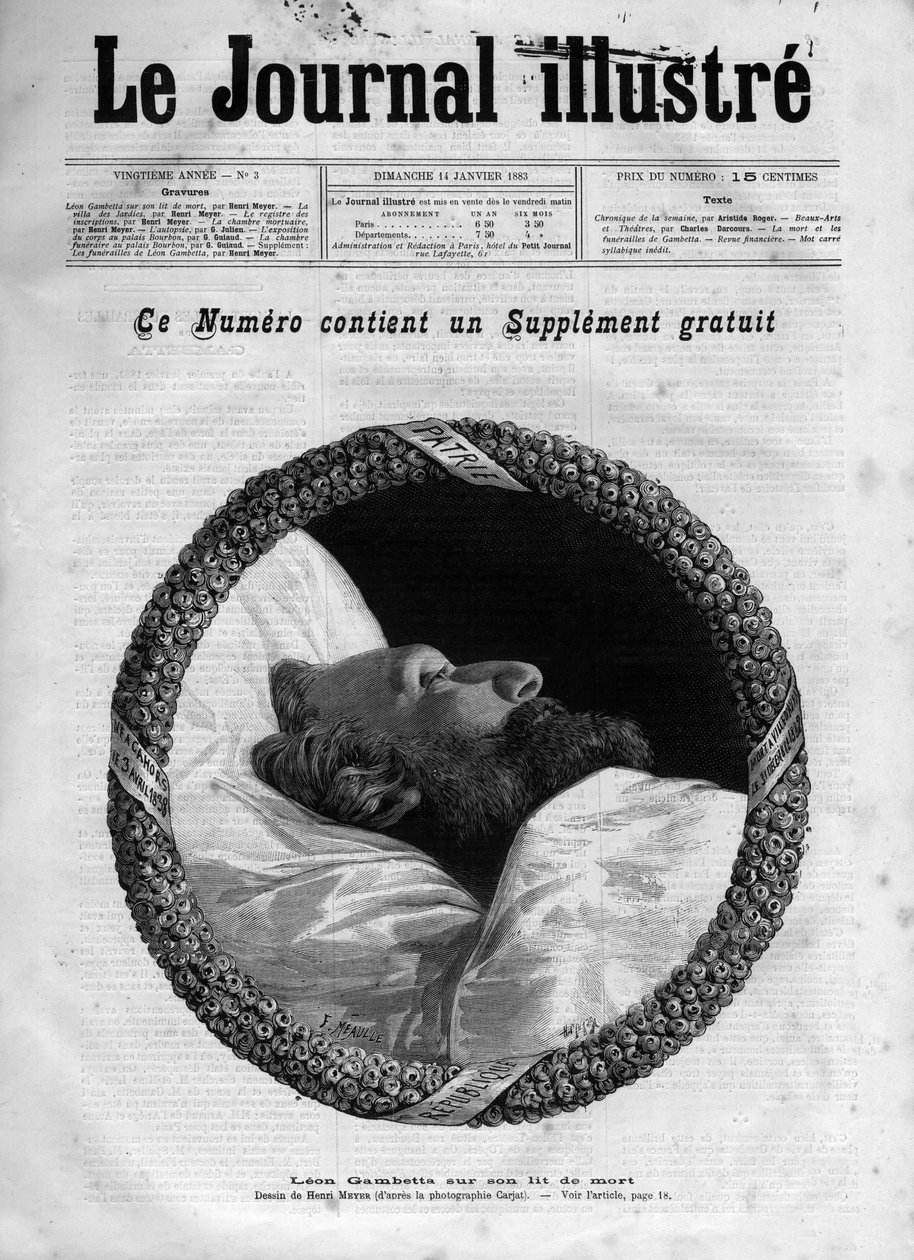 Leon Gambettas død (1838-1882) Fransk politiker - Leon Gambetta på dødslejet i "The Illustrous Journal" fra 1883 - Tegning af Henri Meyer (1844-1899) af Henri Meyer