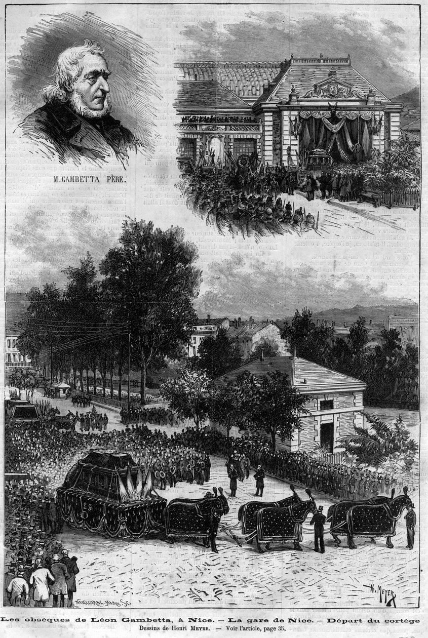 Leon Gambettas død (1838-1882) fransk politiker - Leon Gambettas begravelse i Nice - Nice togstation - afgang fra processionen - i "" Le journal illustrious"" fra 1883 - Tegning af Henri Meyer (1844-1899) af Henri Meyer