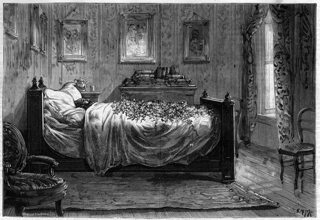Leon Gambettas død (1838-1882) fransk politiker - ligkammeret - i "The Illustrous Journal"" fra 1883 - Tegning af Henri Meyer (1844-1899) af Henri Meyer