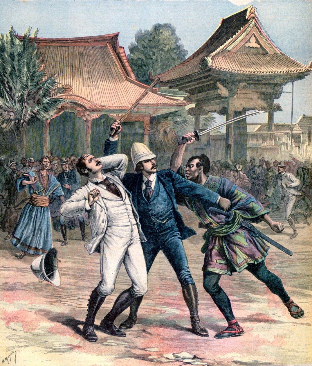 Mislykket mord på Tsarevich Nicholas af Rusland, Otsu, Japan, 1891 af Henri Meyer