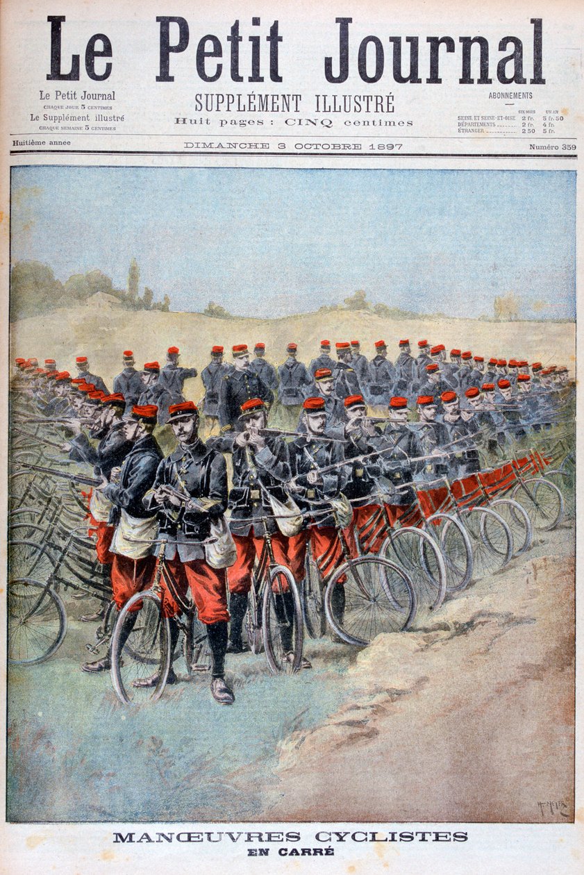 Den franske hærs cykelkorps på en plads ved manøvrer, Frankrig, 1897 af Henri Meyer