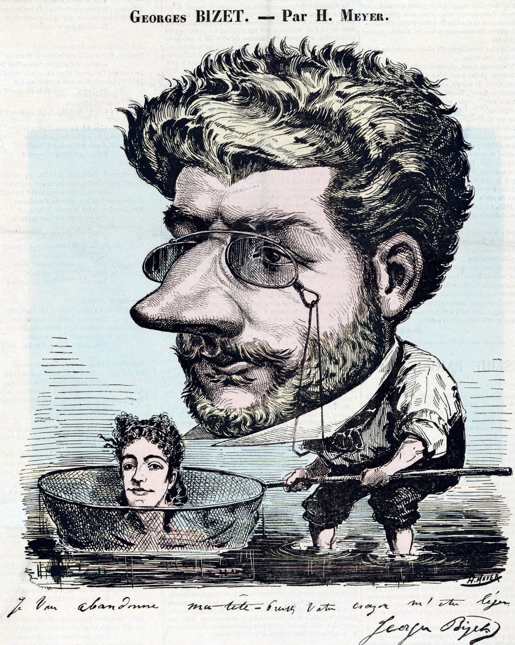Georges Bizet (1838-1875), fransk komponist - karikatur, med autograf af Bizet, af Henri Meyer dit Reyem (1844-1899) for "" Diogene"" af Henri Meyer