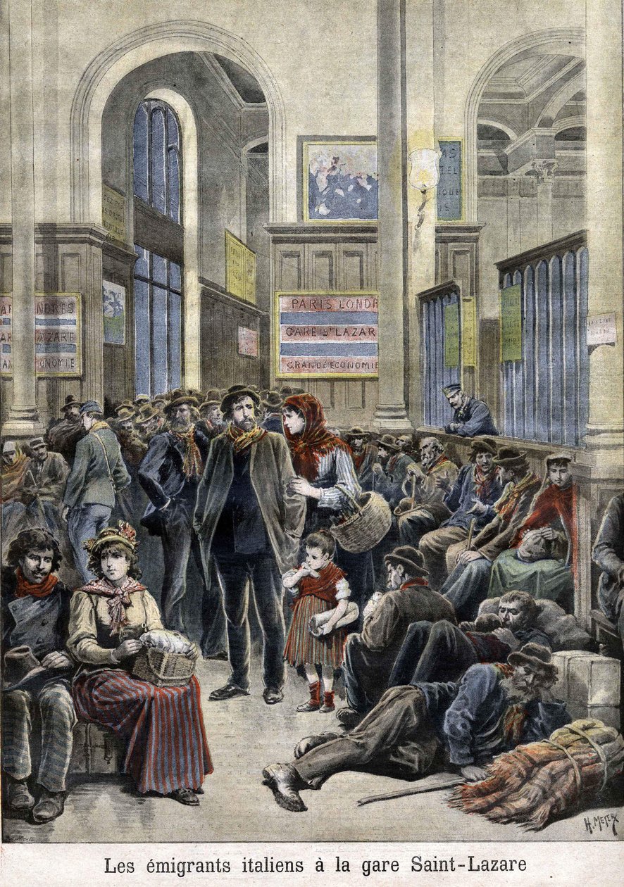 Italienske emigranter på stationen St Lazarus (Saint Lazarus) (Saint Lazarus) - i "The Petity Journal", marts 1896 af Henri Meyer