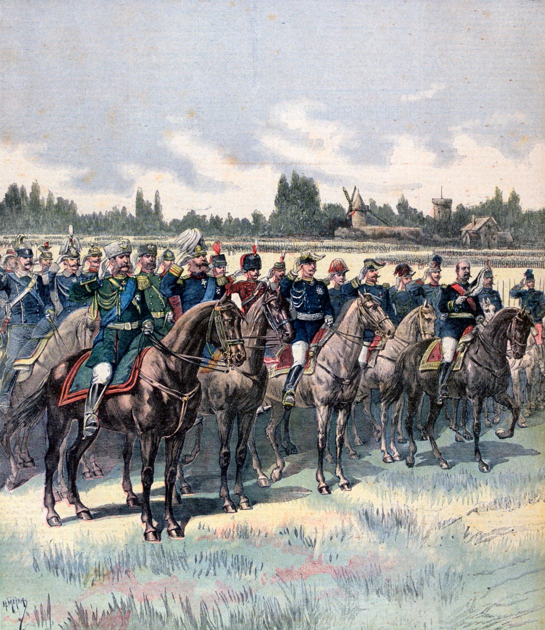 Militær gennemgang med general Saussier og udenlandske militærattachéer, 14. juli 1891. af Henri Meyer
