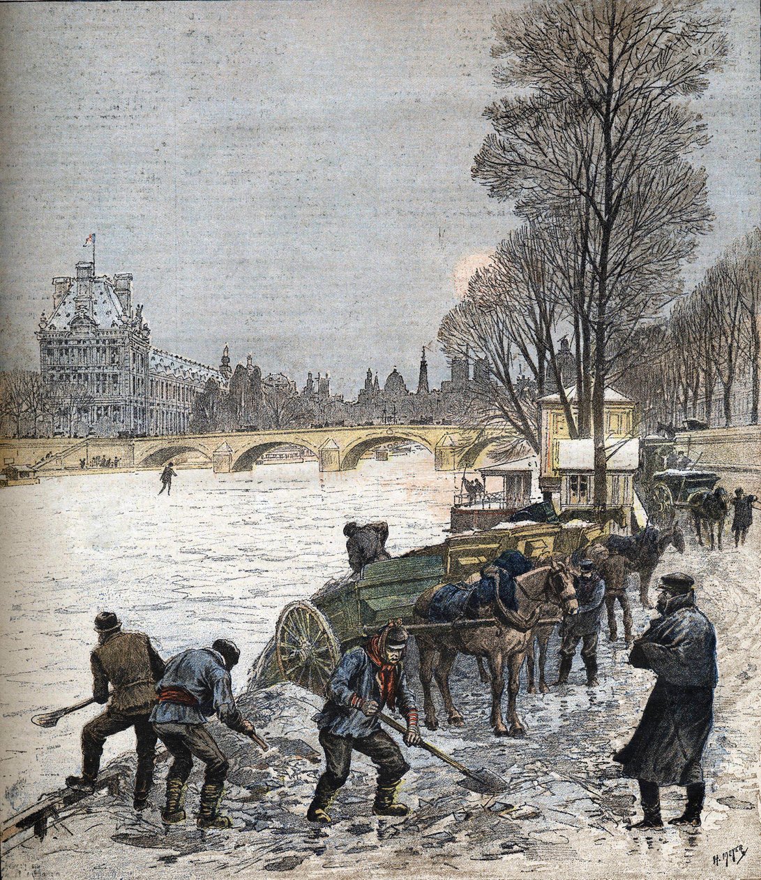 Paris under sneen i 1895 Lille avis fra 1895 (stik) af Henri Meyer