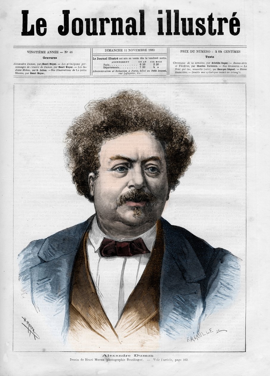Portræt af Alexandre Dumas pere (1802-1870) Forside til "The Illustrous Journal" fra 1883 - Tegning af Henri Meyer (1844-1899) af Henri Meyer