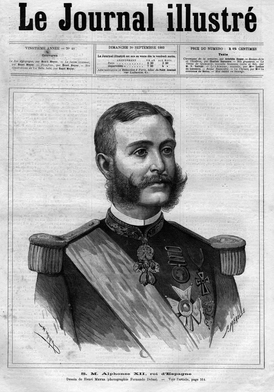 Portræt af Alfonso XII af Spanien (Alfons XII) (1857-1885), konge af Spanien - Forside til "The Illustrous Diary" fra 1883 - Tegning af Henri Meyer (1844-1899) af Henri Meyer