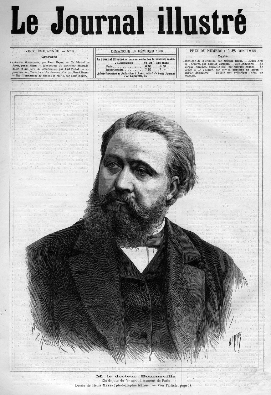 Portræt af Desire Magloire Bourneville (1840-1909), fransk læge neurolog - Forside til "" Le journal illustrious"" fra 1883 - Tegning af Henri Meyer (1844-1899) af Henri Meyer