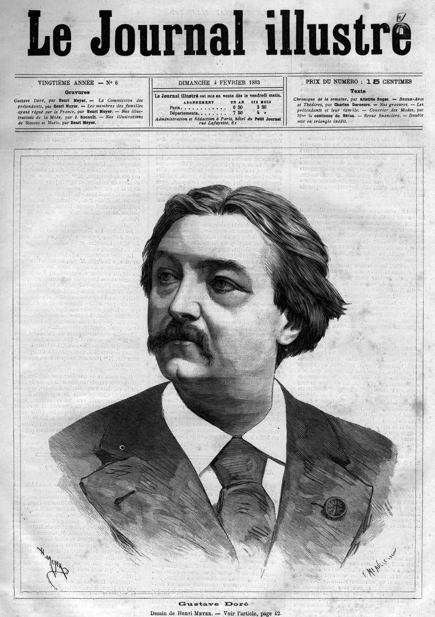 Portræt af Gustave Dore (1832-1883), fransk maler og tegneserietegner - Forside til "The Illustrious Journal" fra 1883 - Tegning af Henri Meyer (1844-1899) af Henri Meyer