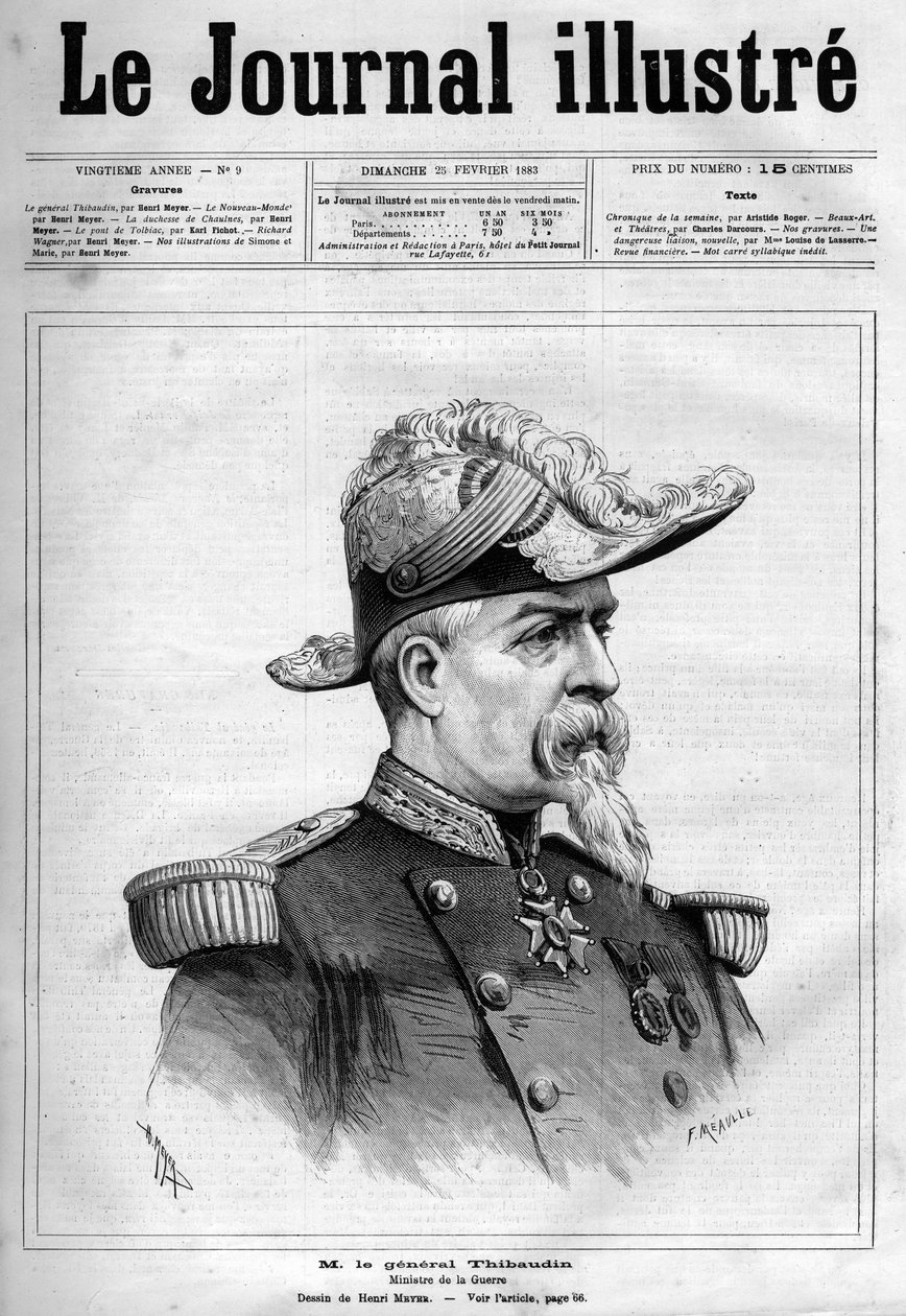 Portræt af Jean Thibaudin, fransk general og politiker (1822-1905) - Forside til "The Illustrous Journal" fra 1883 - Tegning af Henri Meyer (1844-1899) af Henri Meyer