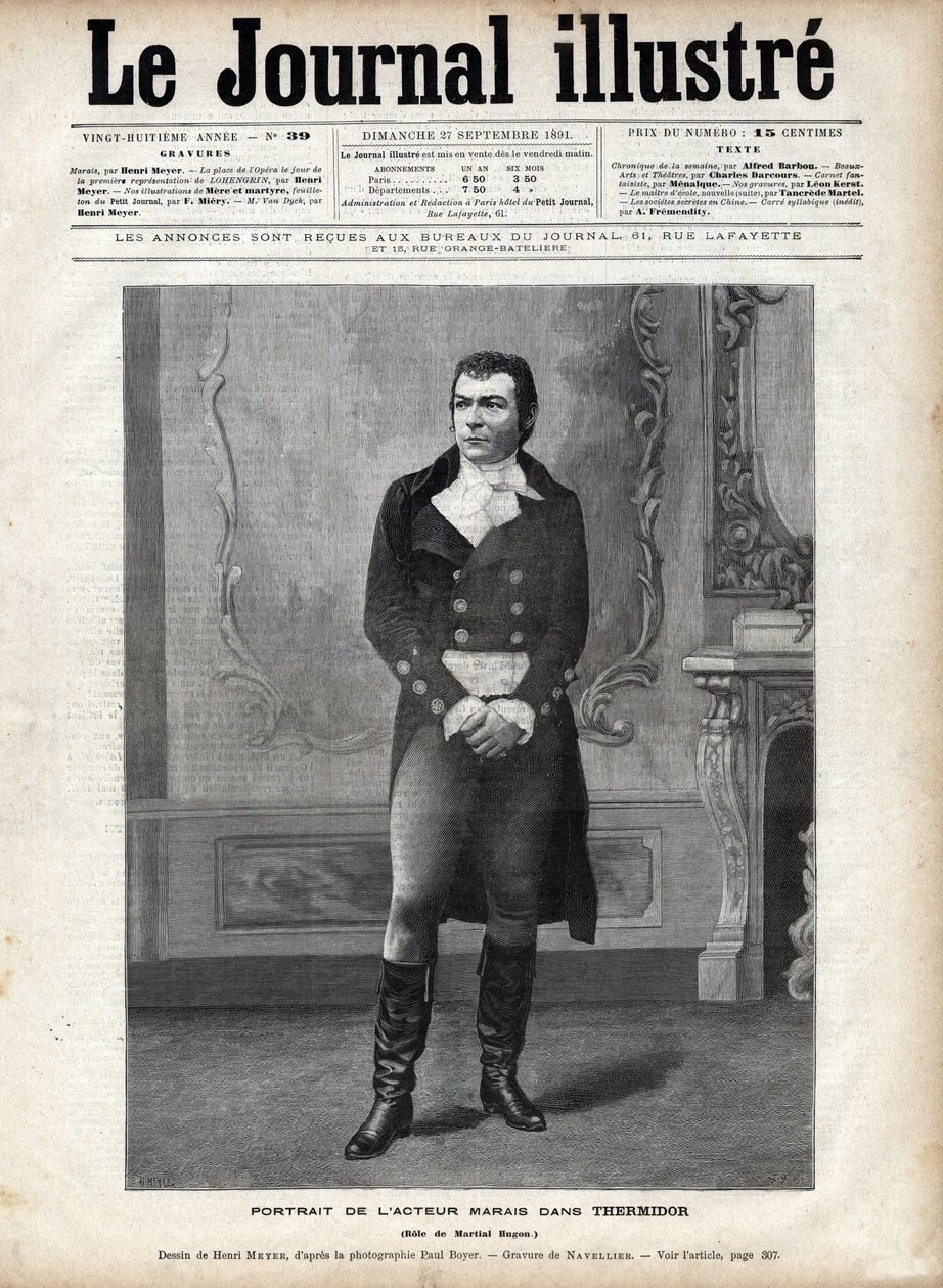 Portræt af Leon Marais (1853-1891) i "Thermidor"" af victorianske Sardou i rollen som Martial Hugon - Tegning af Henri Meyer, Indgravering af Navellier i "The Illustrous Diary"" fra 1891 af Henri Meyer