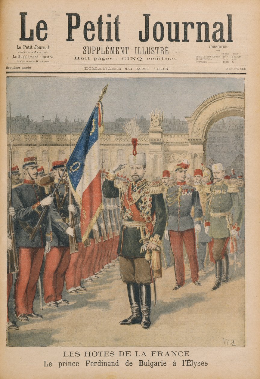 Prins Ferdinand (1861-1948) af Bulgarien ved Elysee-paladset, illustration fra Le Petit Journal, 10. maj 1896 (farvegravering) af Henri Meyer