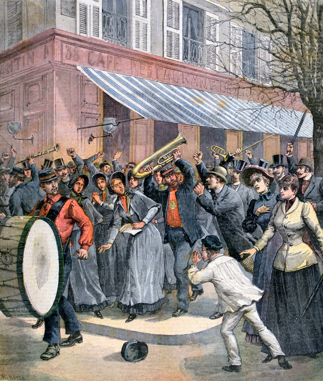 Frelsens Hær-march ledet af en trommeslager, der bliver kaserneret af tilskuere i Paris, 1892 af Henri Meyer