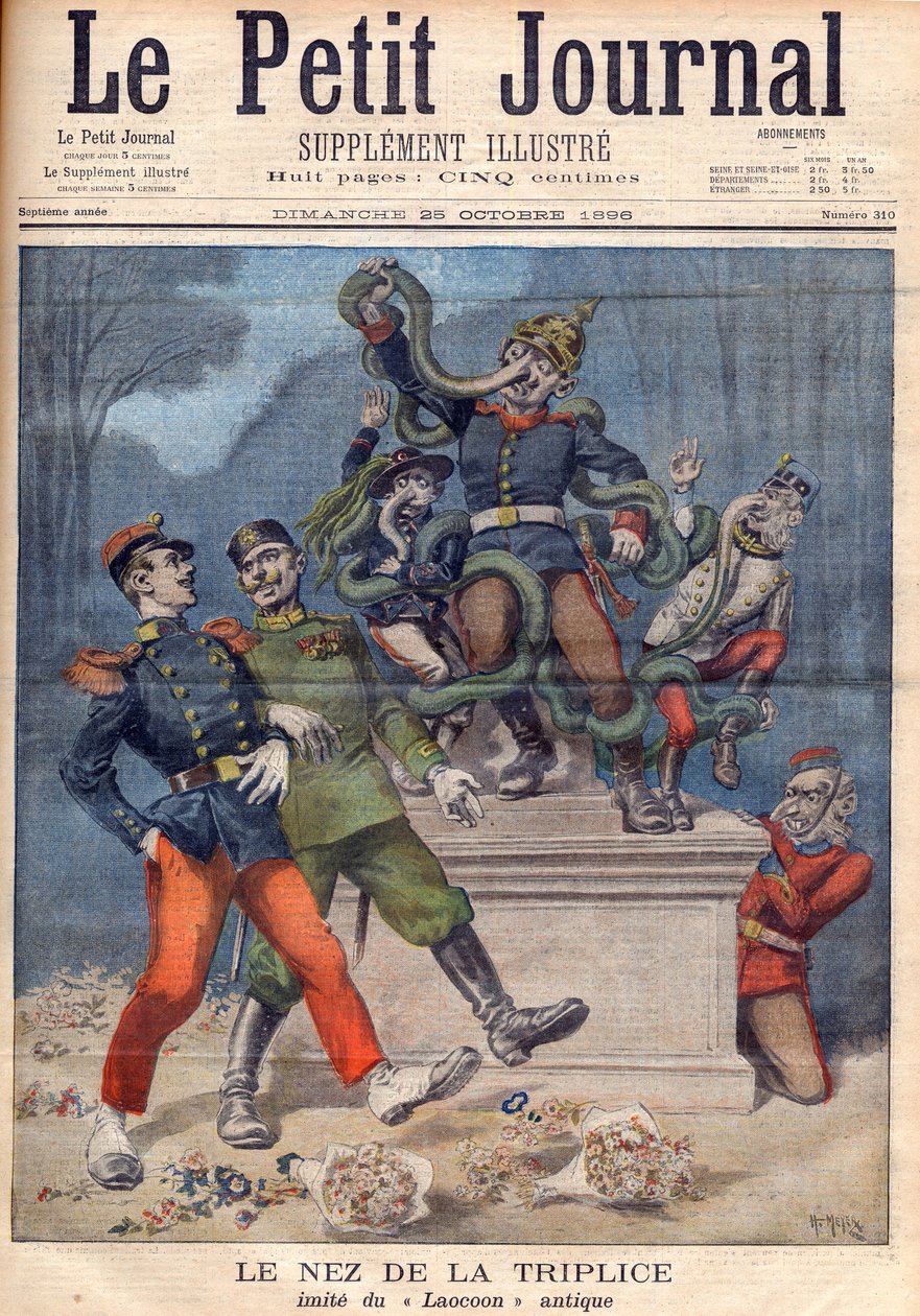 Næsen af Triplice efter Laocoon. Tyskland, Østrig, Italien, foran den fransk-russiske alliance i "Le Petit Journal", 25. oktober af Henri Meyer