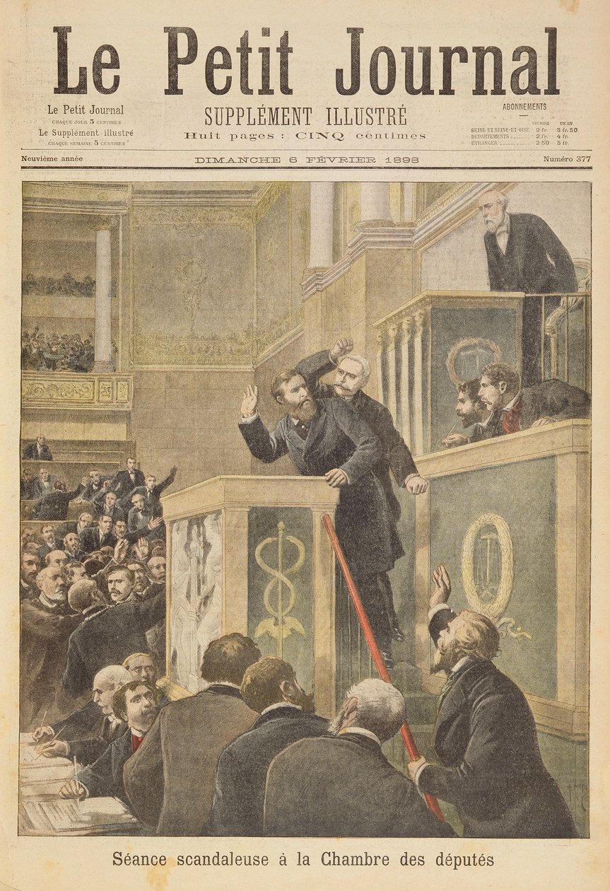 Titelside, der viser det skandaløse møde i Deputerethuset: Jean Jaures angrebet af Bernis under en debat om Dreyfus-affæren, illustration fra det illustrerede supplement til Le Petit Jou af Henri Meyer