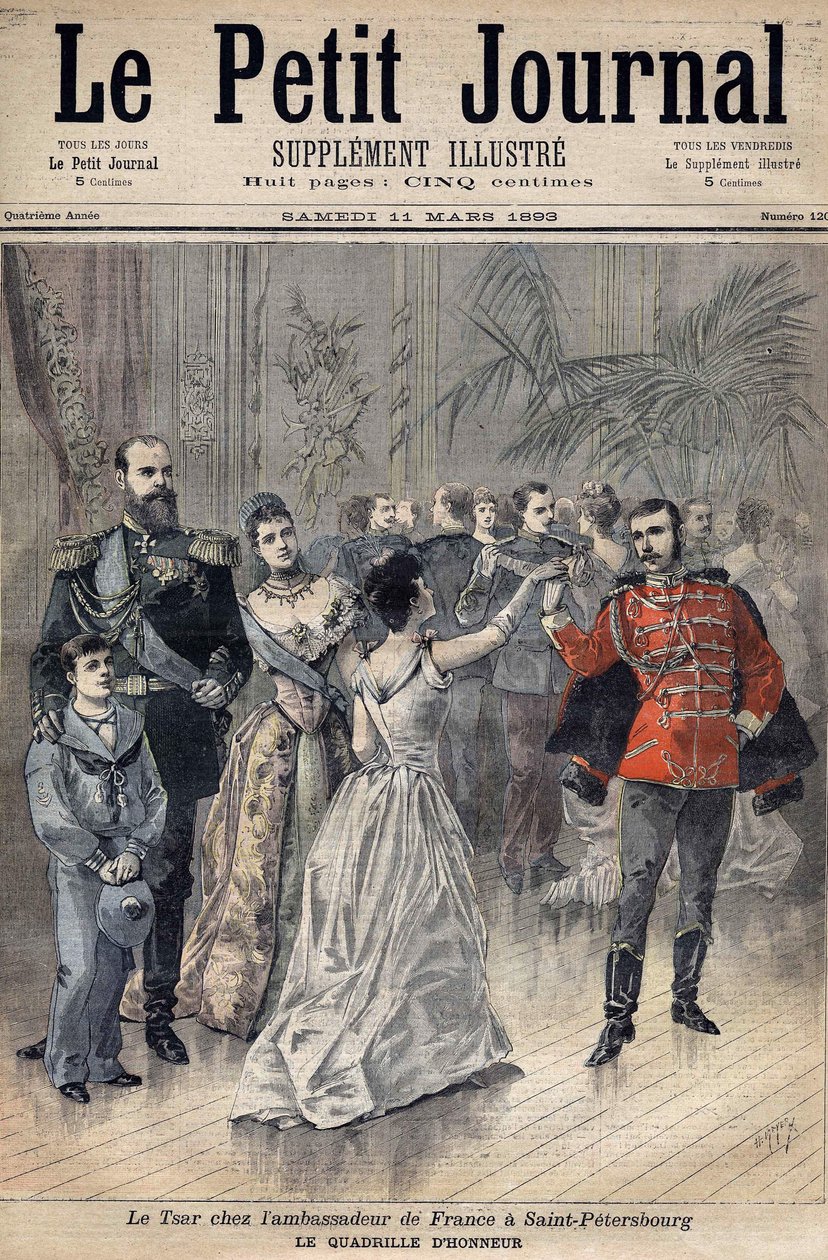 Zar Alexander III hos Frankrigs Ambassadør Greven af Montebello i Sankt Petersborg i 1893. Æres gitter. Forside til Le Petit Journal 1893 (gravering) af Henri Meyer