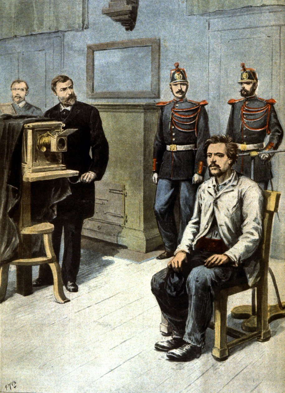 begyndelsen på antropometrisk fotografi, ca. 1895 (illustration) af Henri Meyer
