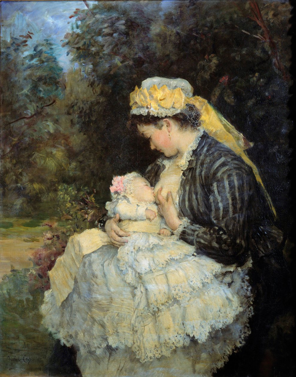 Sygeplejerske, der ammer en baby Maleri af Henri Michel Levy (1844-1914). af Henri Michel Levy