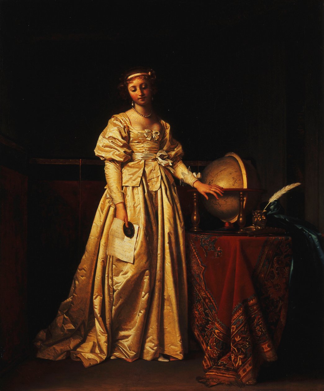 En dame i et interiør, i en gul satinkjole, med en globus på et bord ved siden af sig, sørger over sin mands fravær, af Henri Nicolas van Gorp
