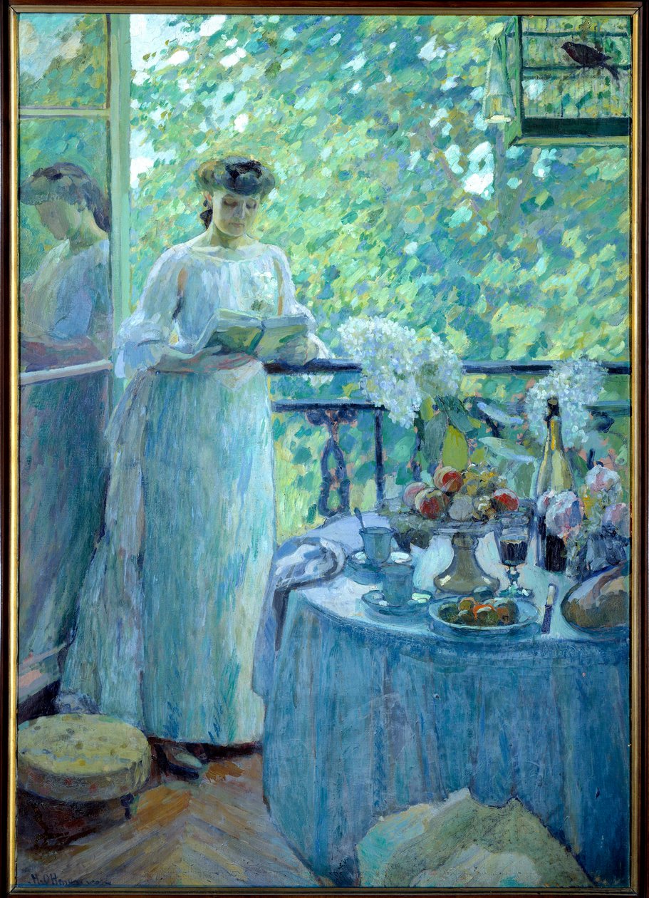 Madame O. på balkonen En ung kvinde læser en bog i et borgerligt interiør, bordet serveres til morgenmad. Maleri af Henry Ottmann af Henri Ottmann