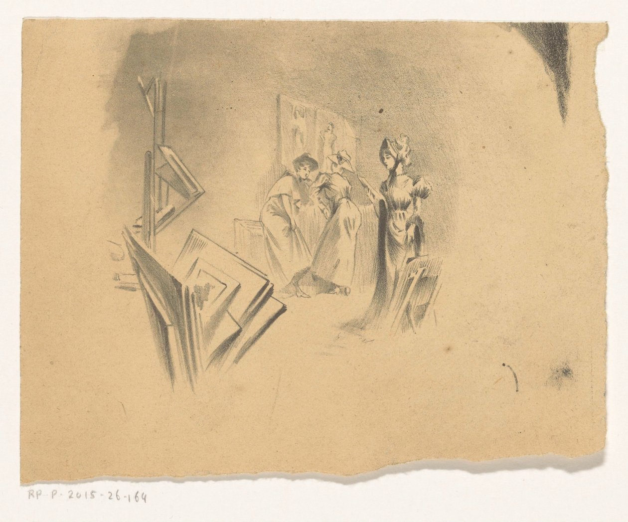 Tre kvinder ser på print i et studie af Henri Patrice Dillon (possibly)