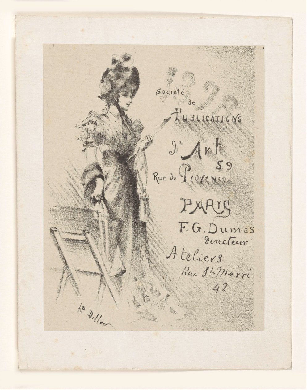 Kvinde ser på et print, ved siden af ​​hende en printstand. af Henri Patrice Dillon