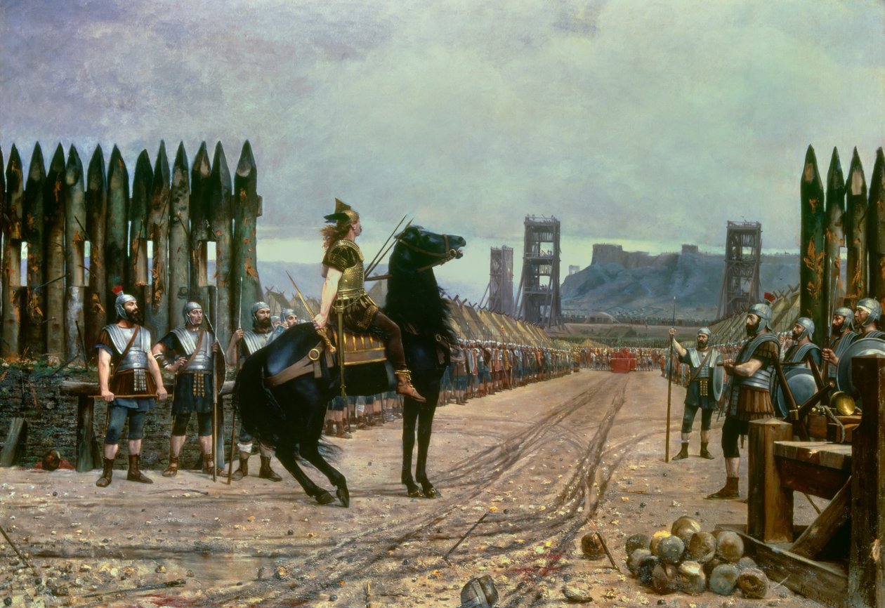 Den galliske leder Vercingetorix (72-46 f.Kr.) overgav sig til den romerske kejser Julius Cæsar (100-44 f.Kr.) efter slaget ved Alesia i 52 f.Kr., høvding Vercingetorix (72-46 f.Kr.) overgav sig af Henri Paul Motte