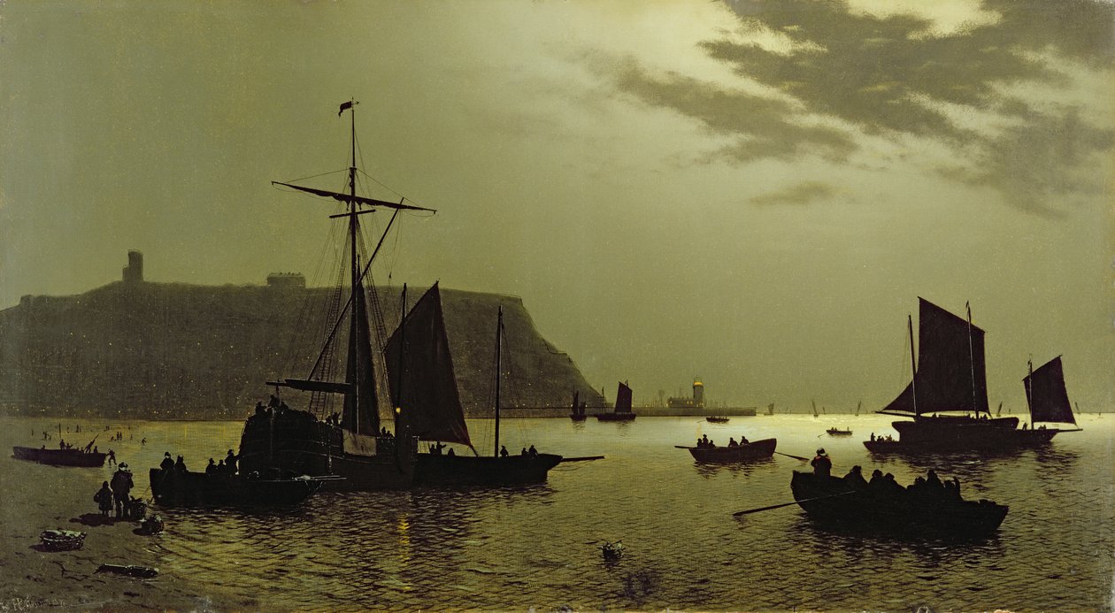 Scarborough Castle Hill and Harbour af Moonlight, 1876 af Henri Philippe Neumans
