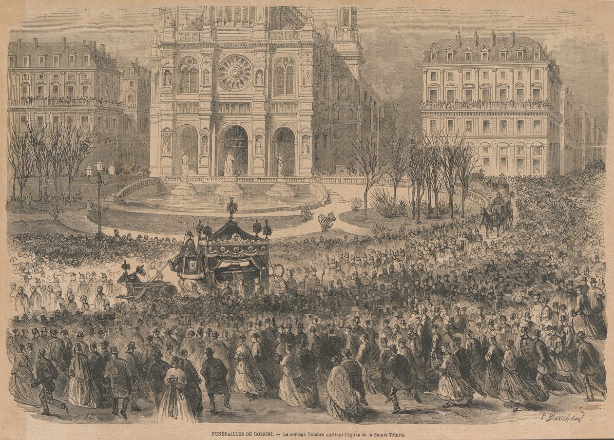 Gioacchino Rossinis begravelse. Begravelsesoptoget forlader kirken, 1868. af Henri Pierre Léon Pharamond Blanchard